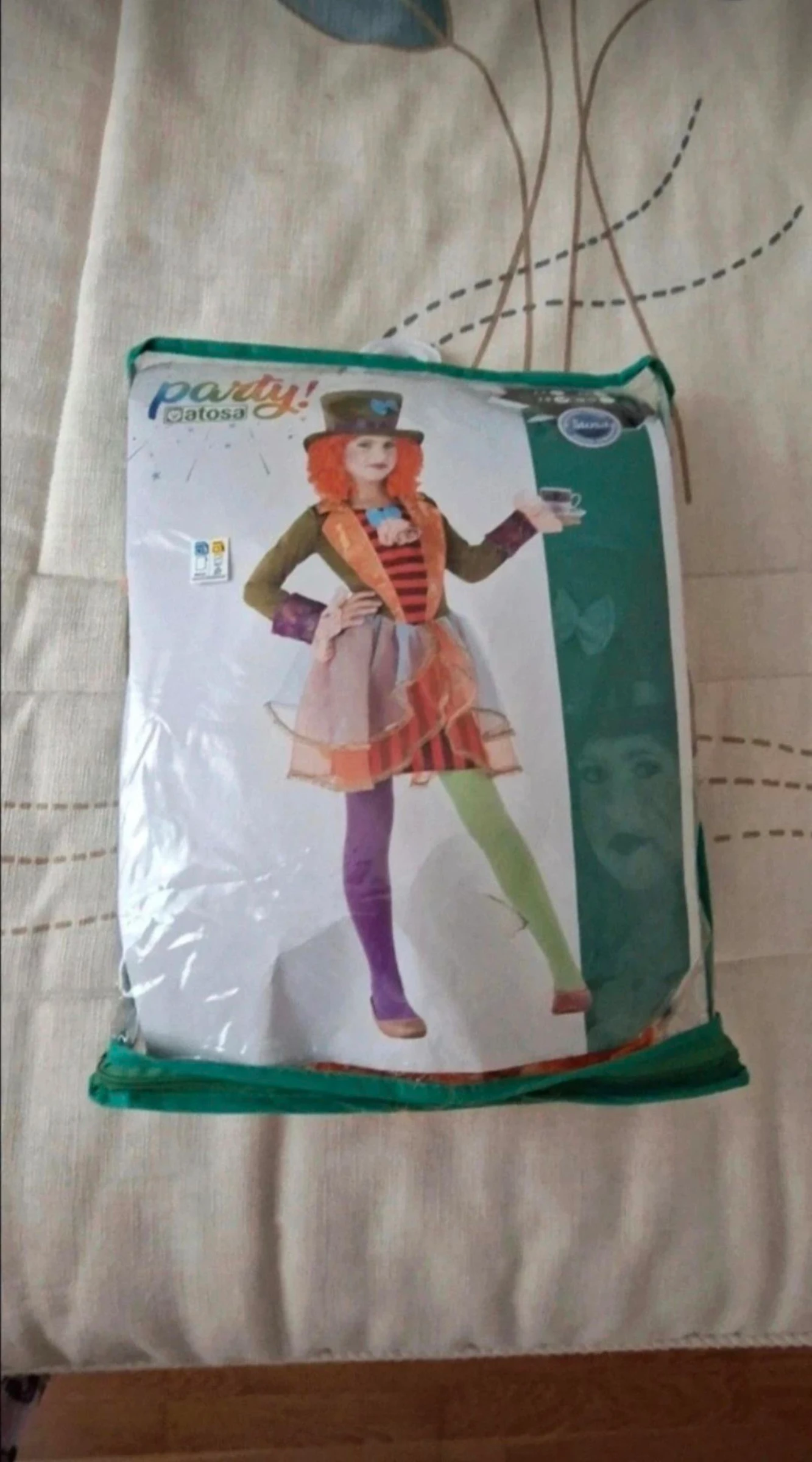 Disfraz de niña "Sombrerera Loca" talla 7-9, mas peluca